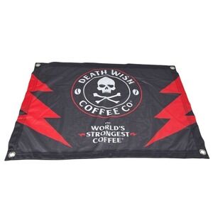 Death Wish Coffee Banner Flag Black Red Skull Crossbones Lightning Bolts